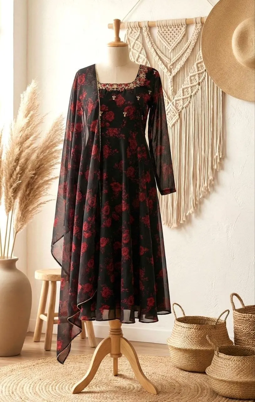Black Rose Print Alfino Chiffon Anarkali Suit Set